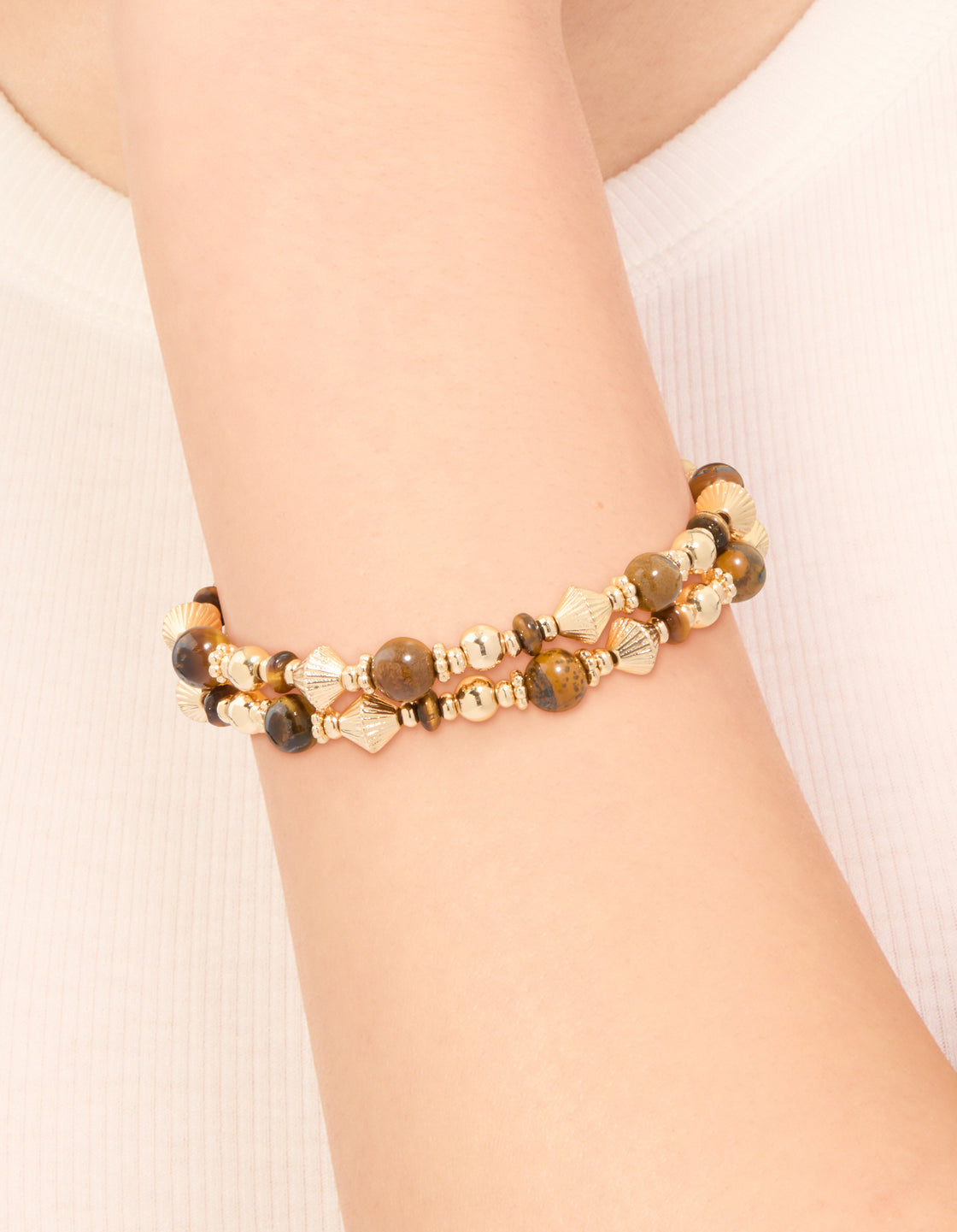 Gold Tigers Eye Semi Precious Stone Beaded Stretch Bracelets 2-Pack