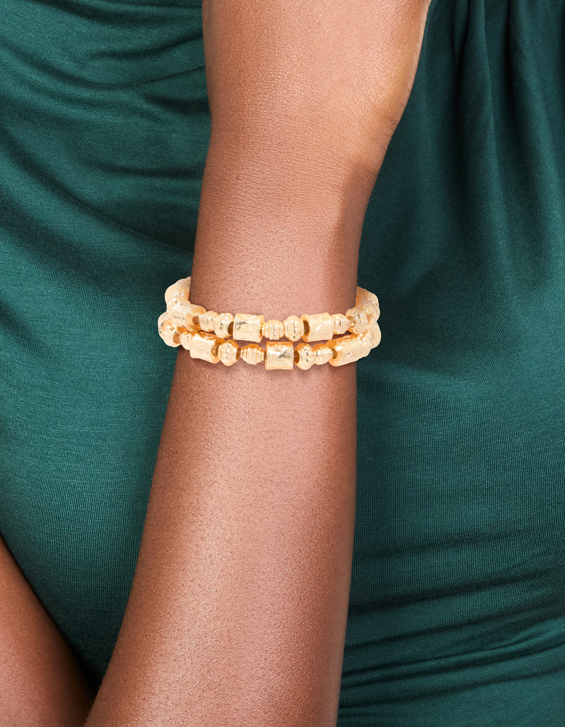 Gold Bead Mixed Shapes Stretch Bracelets 2-Pack