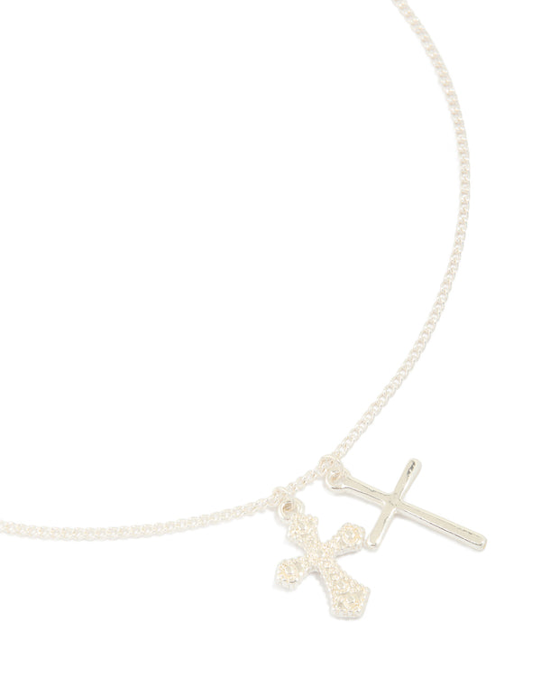 Silver Diamante & Smooth Double Cross Charm Necklace