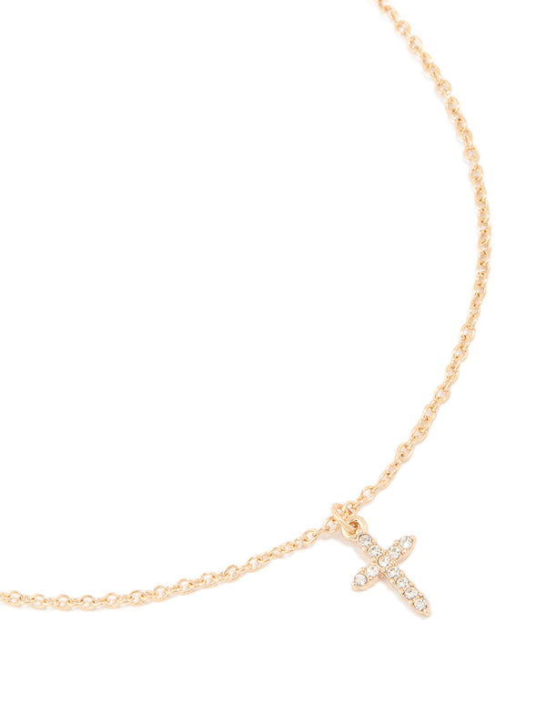 Gold Diamante Cross Dainty Necklace