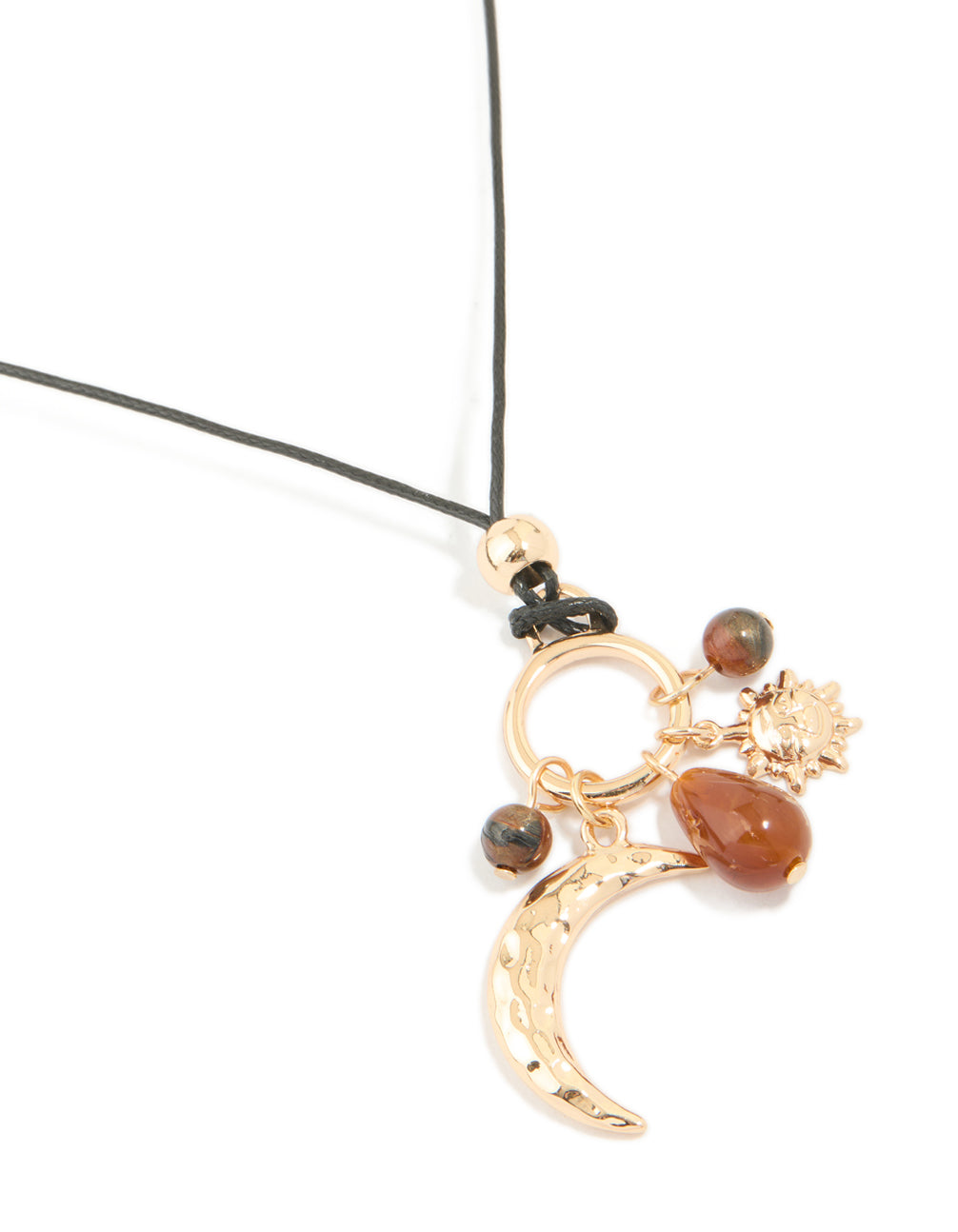 Gold Brown Beaded & Moon Black Cord Necklace