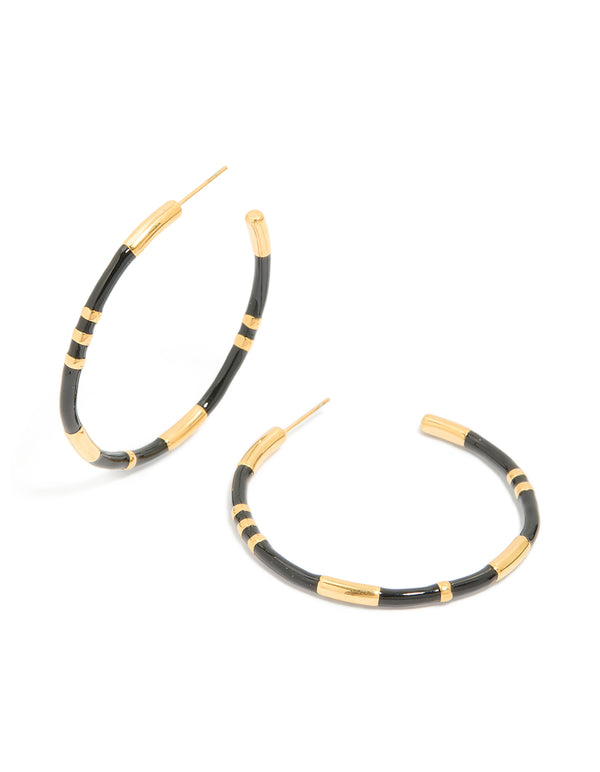 Waterproof Gold Plated Stainless Steel Black Enamel Striped Hoop Earrings