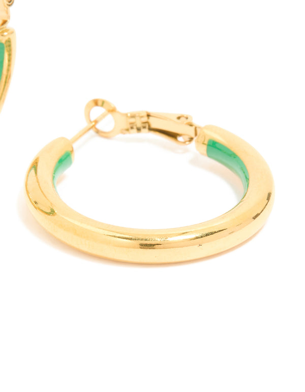 Waterproof Gold Plated Stainless Steel Half Green Enamel Hoop Earrings