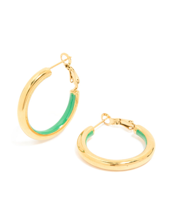 Waterproof Gold Plated Stainless Steel Half Green Enamel Hoop Earrings