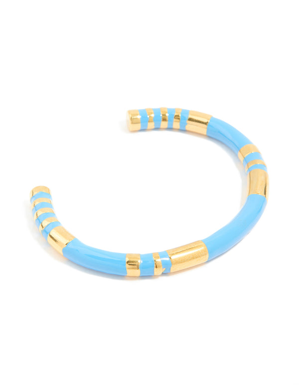 Waterproof Gold Plated Stainless Steel Stripe Blue Enamel Wrist Cuff