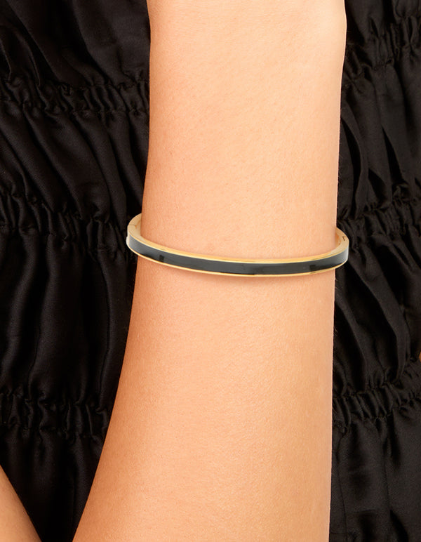 Waterproof Gold Plated Stainless Steel Thick Black Enamel Hinged Bangle