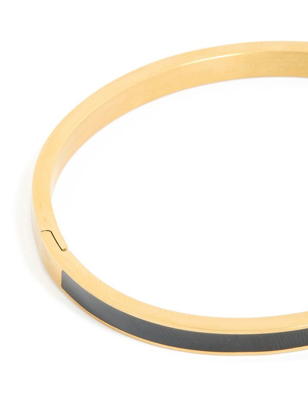 Waterproof Gold Plated Stainless Steel Thick Black Enamel Hinged Bangle