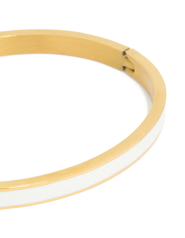 Crafted from waterproof gold plated stainless steel with white enamel hinged bangle in dainty style close up view