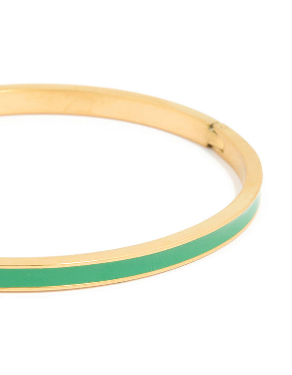 Waterproof Gold Plated Stainless Steel Thin Green Enamel Hinged Bangle