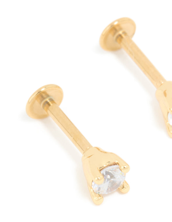 Gold Plated Titanium Cubic Zirconia Flat Back Studs 3MM
