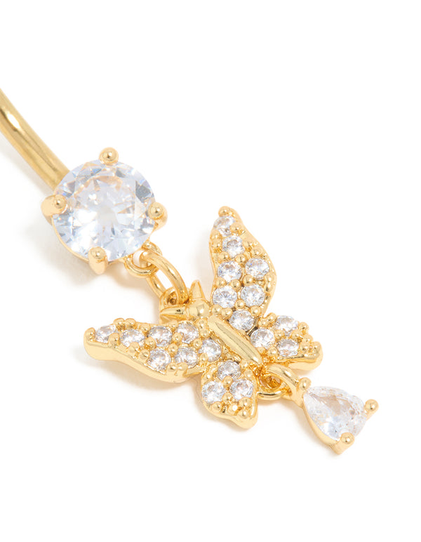 Gold Plated Surgical Steel Cubic Zirconia Butterfly Belly Bar