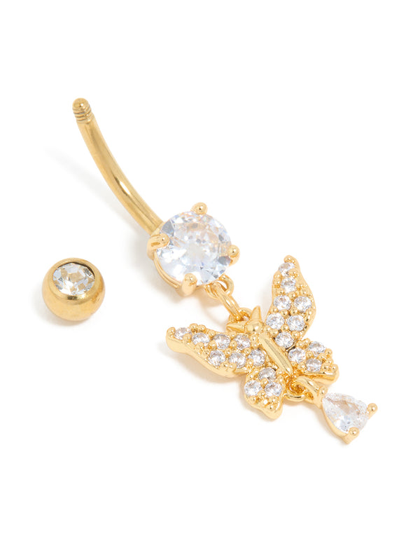 Gold Plated Surgical Steel Cubic Zirconia Butterfly Belly Bar