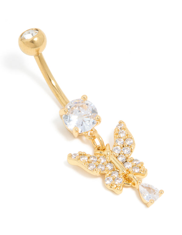Gold Plated Surgical Steel Cubic Zirconia Butterfly Belly Bar