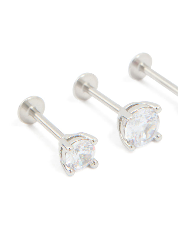 Surgical Steel Cubic Zirconia Single Flat Back Studs 3-Pack