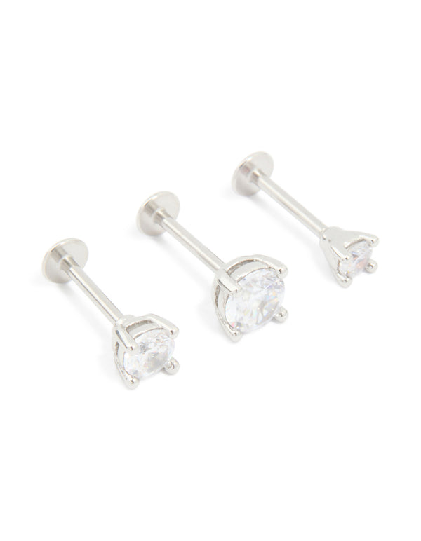 Surgical Steel Cubic Zirconia Single Flat Back Studs 3-Pack