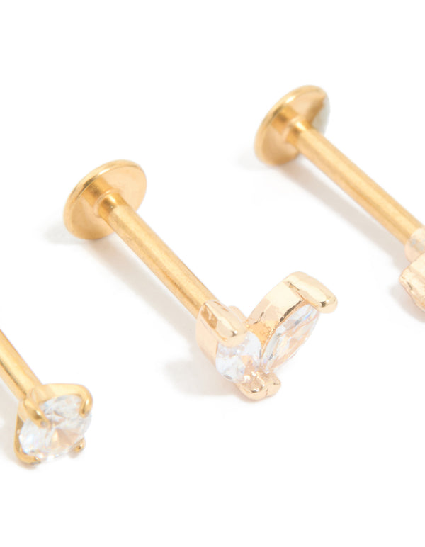 Gold Plated Surgical Steel Cubic Zirconia Flat Back Studs 3-Pack