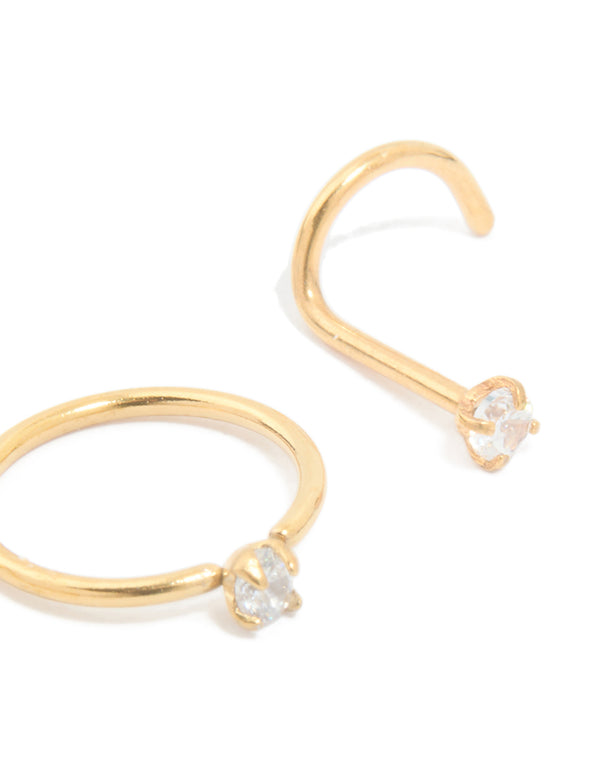 Gold Plated Surgical Steel Cubic Zirconia Nose Rings & Studs 4-Pack