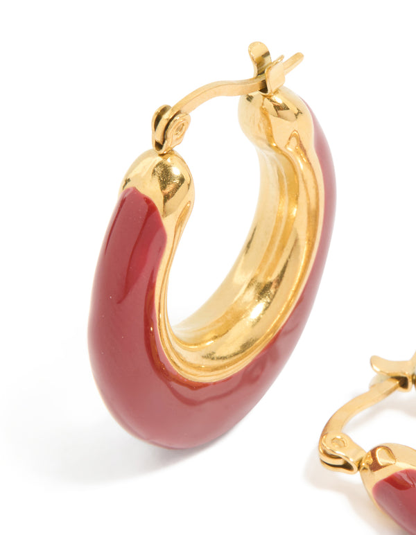 Highlighting waterproof statement hoop earrings crafted from stainless steel with crimson enamel and gold plated finish close up view
