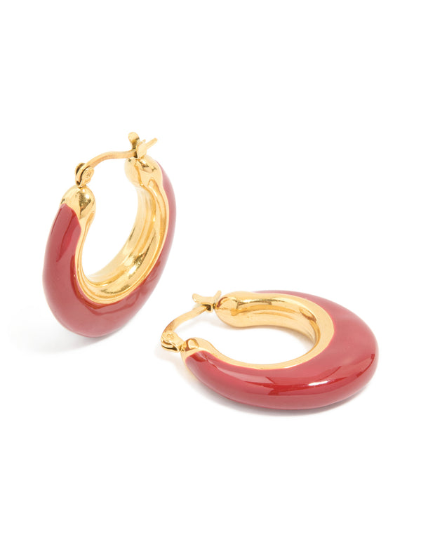 Showcasing waterproof statement hoop earrings crafted from stainless steel with crimson enamel and gold plated finish front view