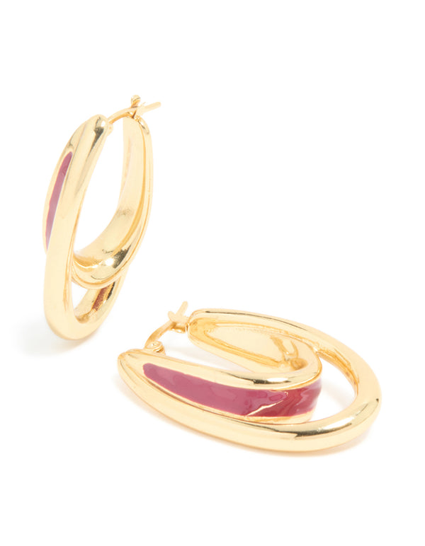 Waterproof Gold Plated Stainless Steel & Red Enamel Double Illusion Hoop Earrings
