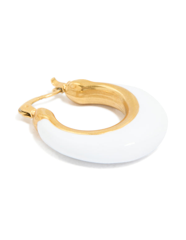 Waterproof Gold Plated Stainless Steel White Enamel Long Hoop Earrings
