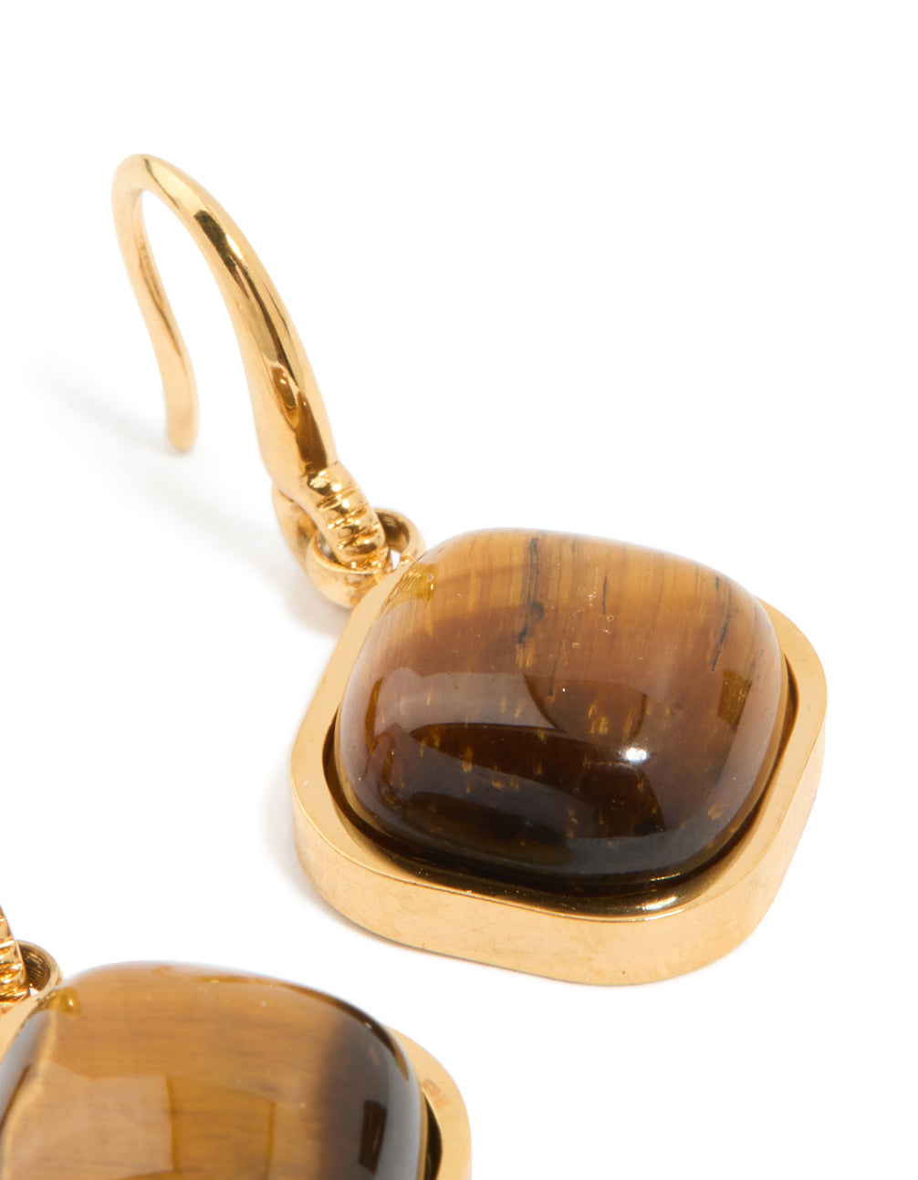 Designed with statement waterproof gold plated stainless steel tiger's eye semi precious stone earrings post detail view