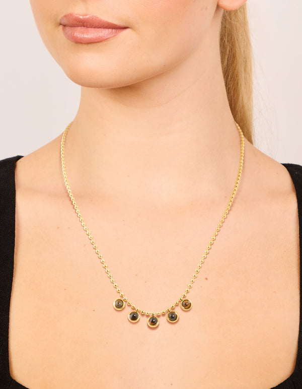 Waterproof Gold Plated Stainless Steel Bezel Tiger's Eye Semi Precious Stone Necklace