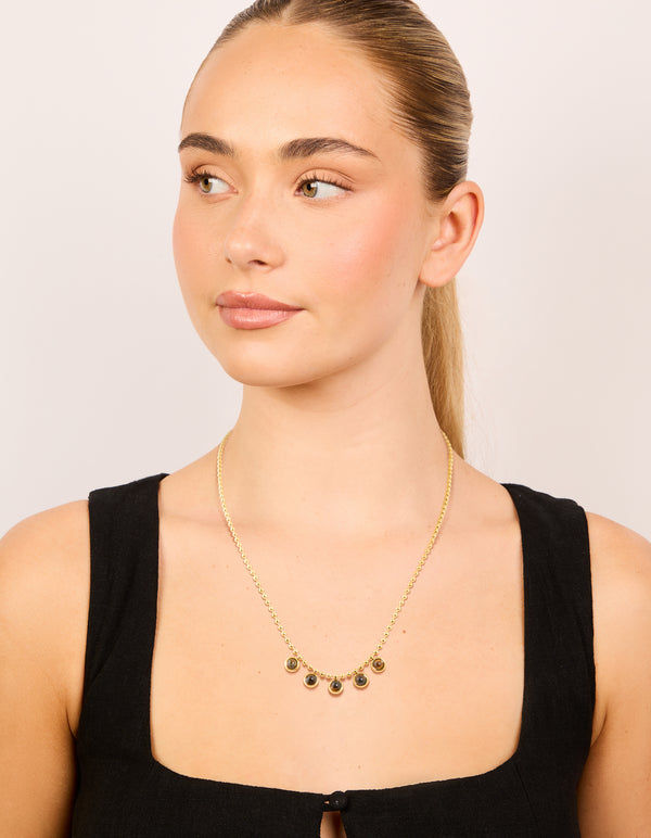 Waterproof Gold Plated Stainless Steel Bezel Tiger's Eye Semi Precious Stone Necklace