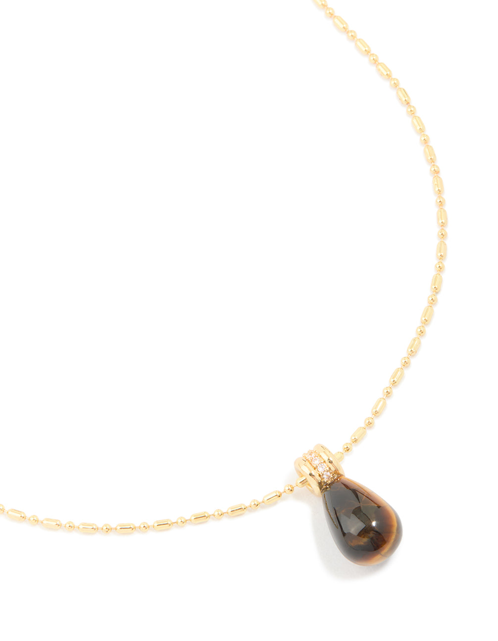 Beautifully designed waterproof tiger eye semi precious stone pendant necklace crafted from gold plated stainless steel close up view