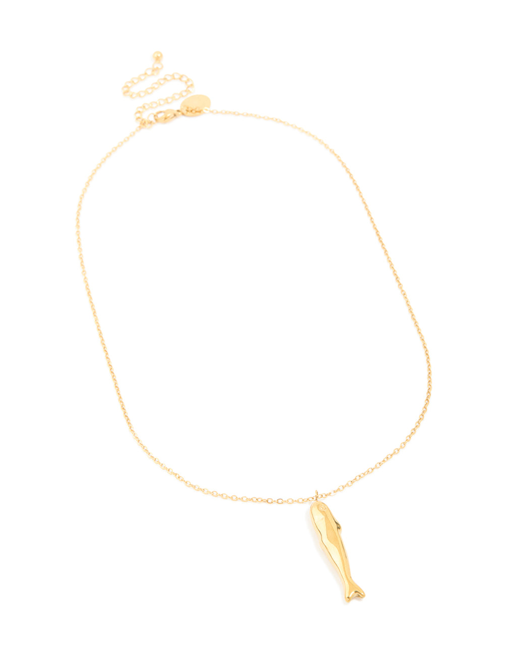 Designed with waterproof stainless steel, this gold plated sardine pendant necklace showcases ocean-inspired design front view