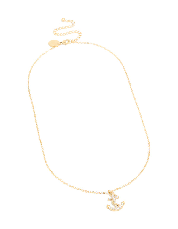 Waterproof Gold Plated Stainless Steel Cubic Zirconia Anchor Pendant Necklace