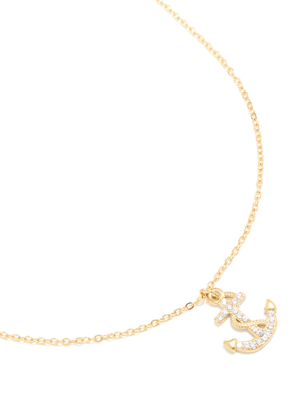Waterproof Gold Plated Stainless Steel Cubic Zirconia Anchor Pendant Necklace