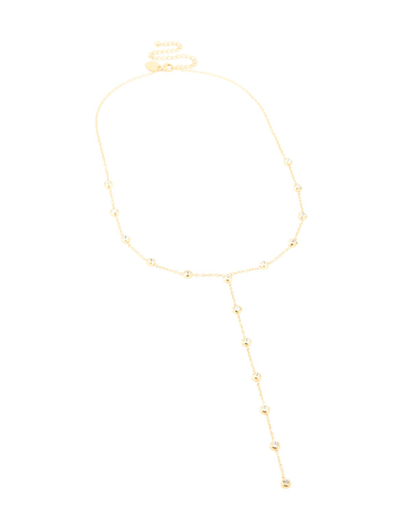 Explore this waterproof gold plated stainless steel Y-necklace with cubic zirconia bezel crystal details front view
