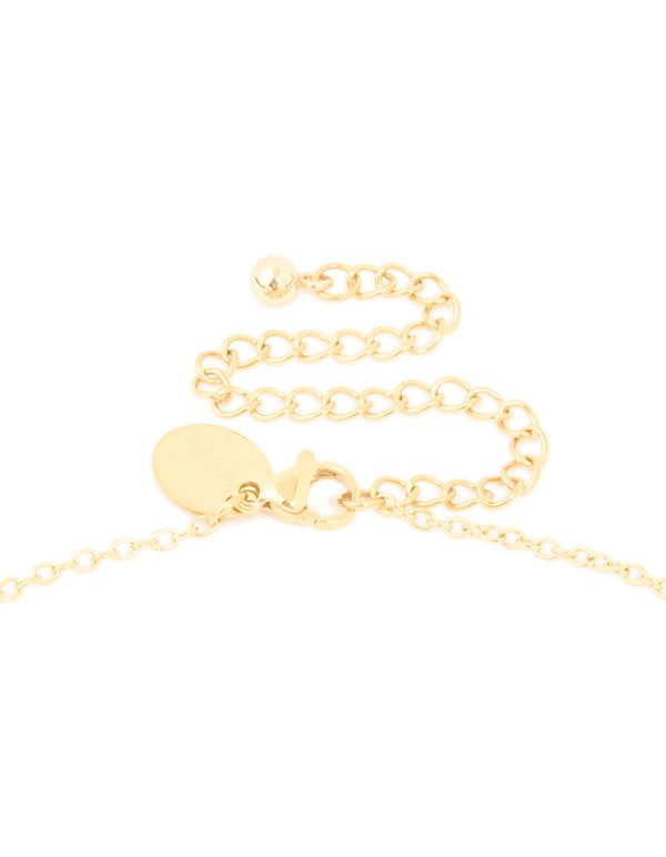 Highlighting the waterproof gold plated stainless steel Y-necklace with cubic zirconia bezel crystal clasp detail view