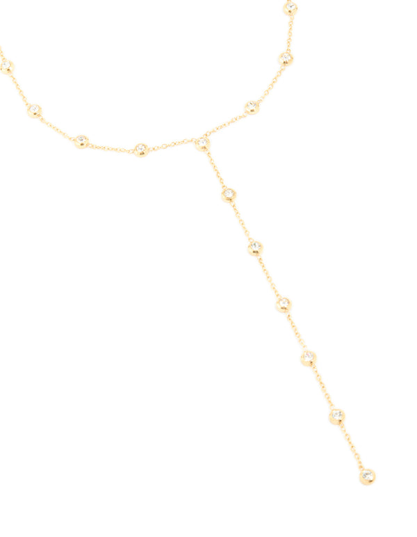 Showcasing a waterproof Y-necklace crafted from gold plated stainless steel featuring cubic zirconia bezel crystal accents close up view