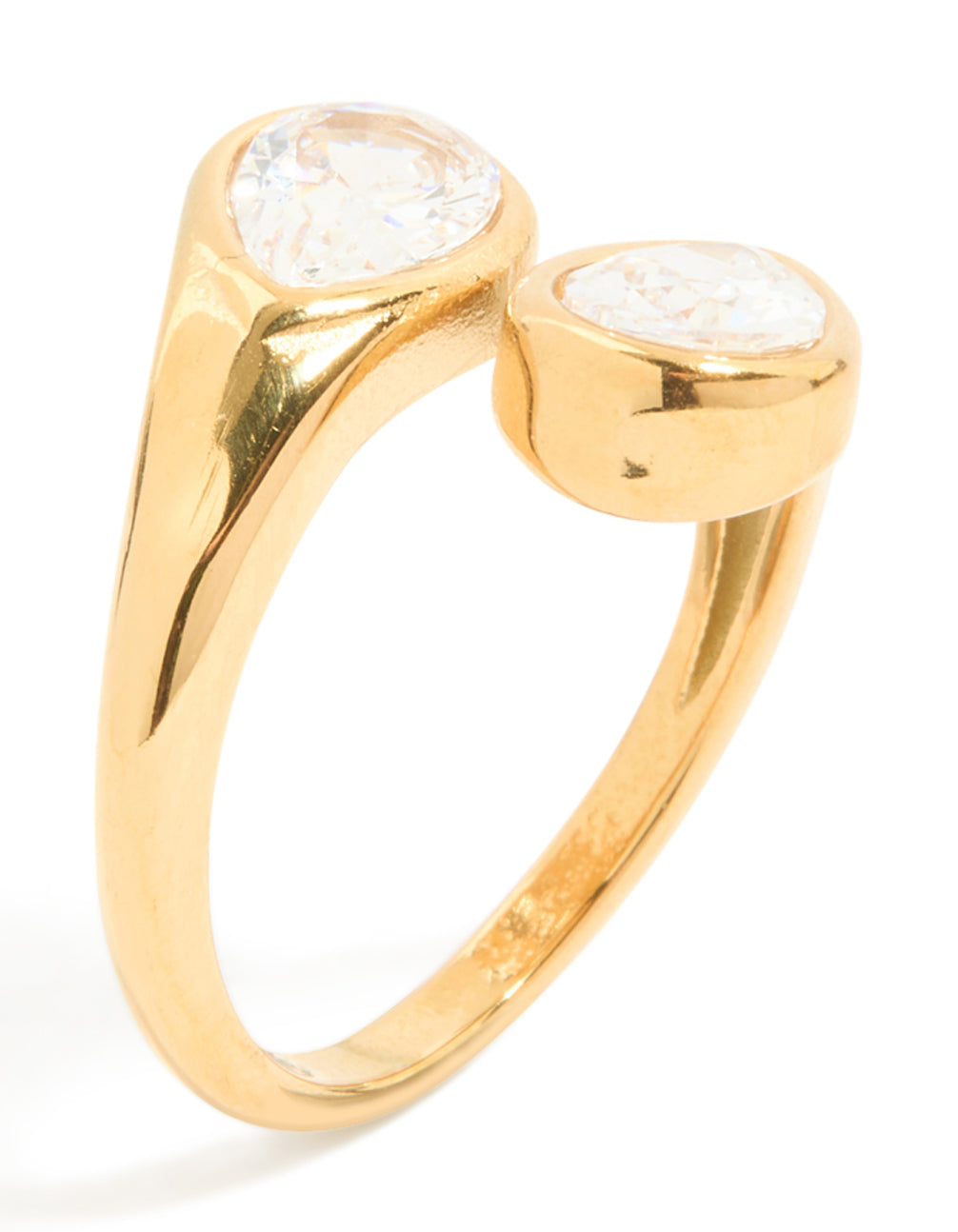 Crafted from waterproof gold plated stainless steel with cubic zirconia double bezel statement ring close up view