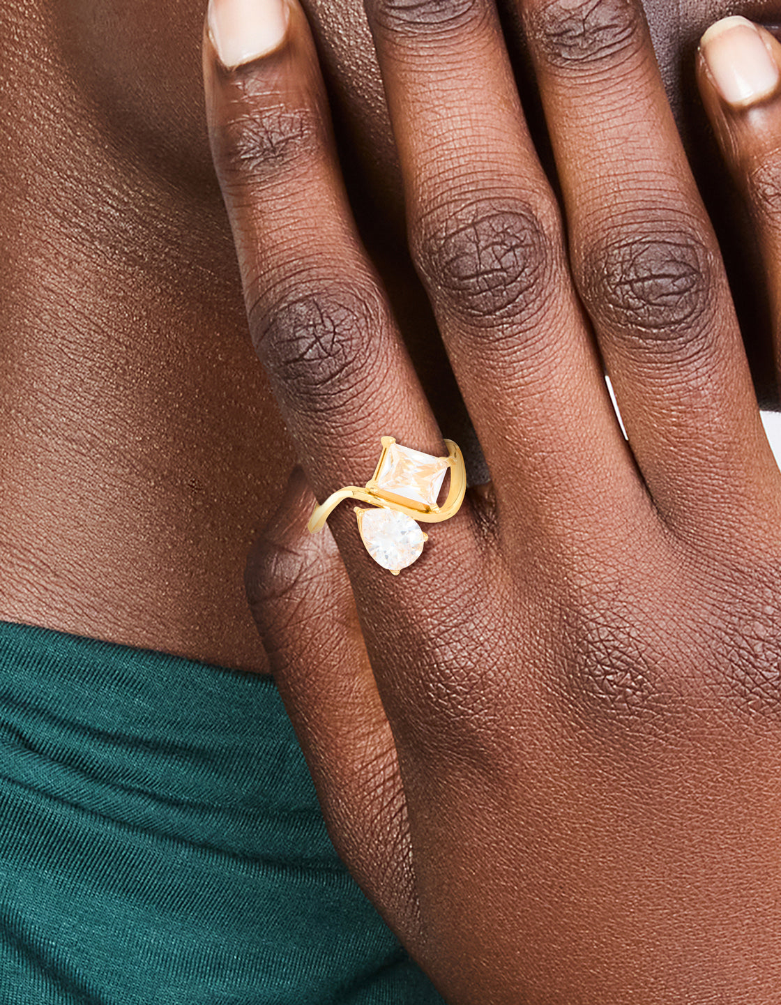 Waterproof Gold Plated Stainless Steel Cubic Zirconia Pear & Rectangle Single Ring