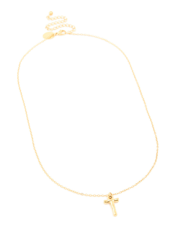 Stylish waterproof bamboo letter T necklace with initial feature pendant crafted from gold plated stainless steel front view