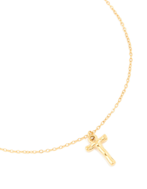 Beautifully crafted waterproof bamboo letter T necklace featuring initial pendant with gold plated stainless steel construction close up view
