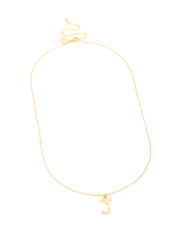 Featuring a waterproof letter J necklace with initial pendant in bamboo style, gold plated stainless steel front view