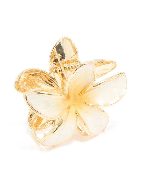 Gold Cream Enamel Frangipani Flower Claw Clip