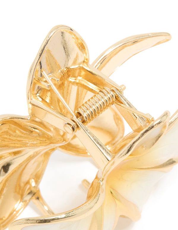 Gold Cream Enamel Frangipani Flower Claw Clip
