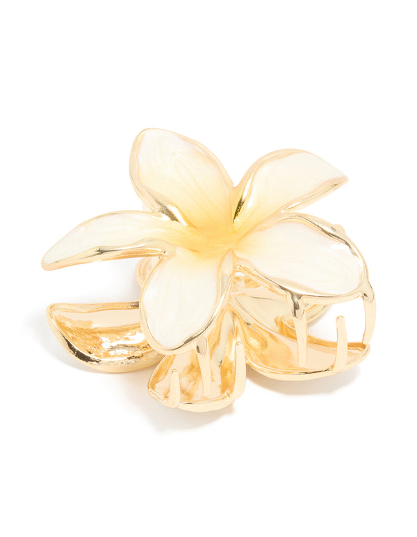 Gold Cream Enamel Frangipani Flower Claw Clip