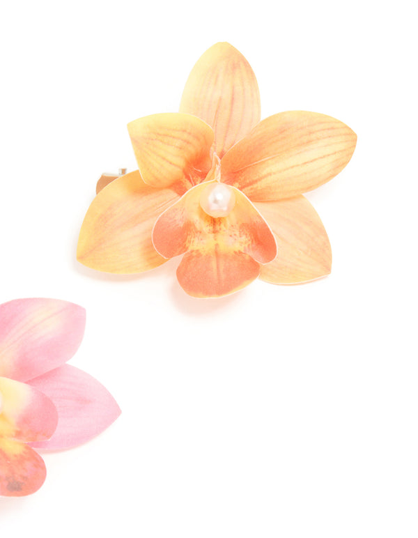 Pink & Orange Fabric Orchid Flower Hair Clips 2-Pack