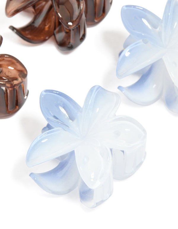 Dark Brown & Light Blue Frangipani Flower Claw Clips 4-Pack