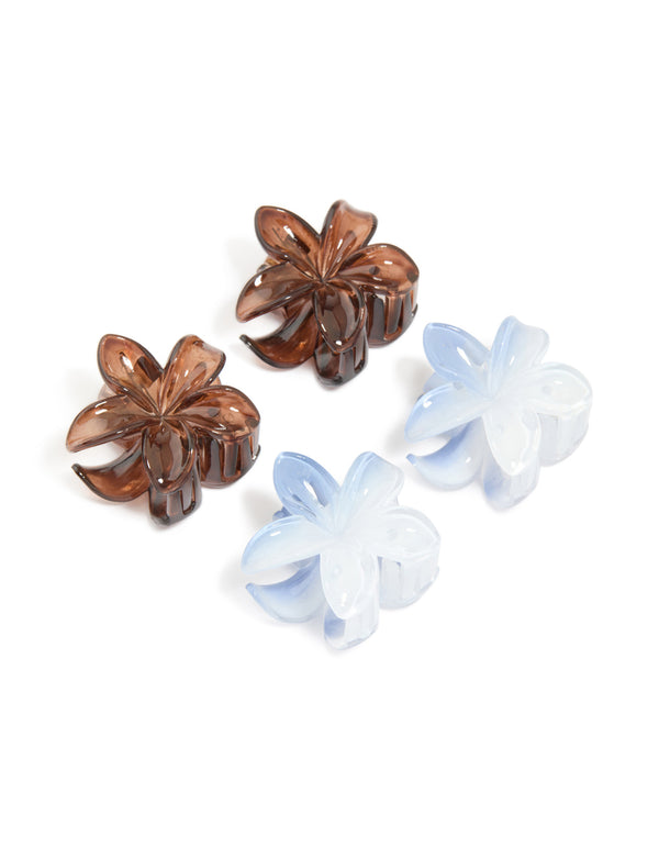 Dark Brown & Light Blue Frangipani Flower Claw Clips 4-Pack