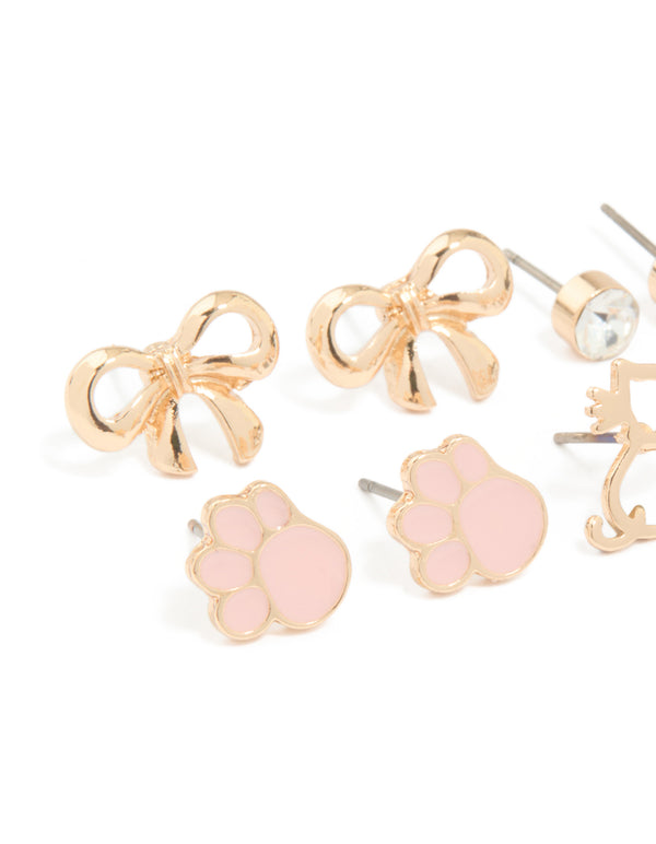 Kids Gold Bow & Cat Stud Earrings 6-Pack