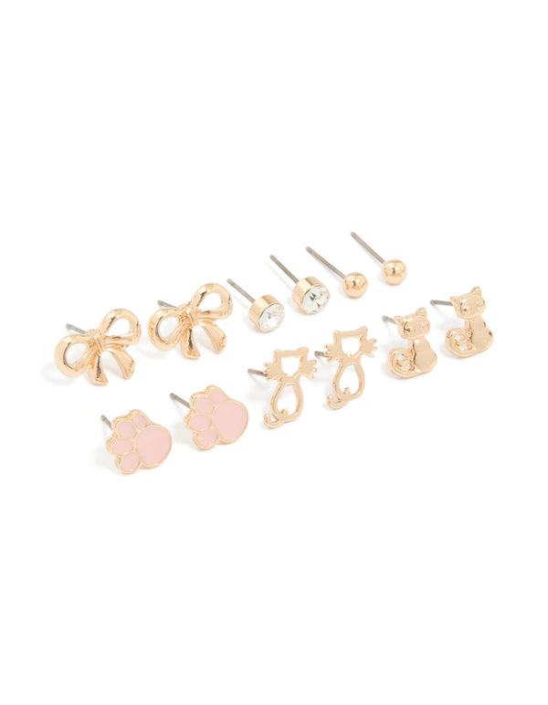 Kids Gold Bow & Cat Stud Earrings 6-Pack
