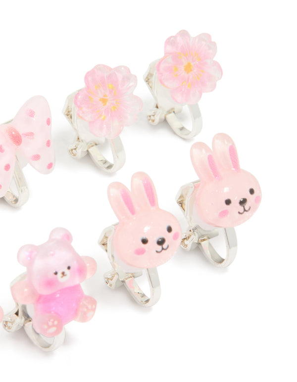 Kids Silver Bubble Bunny & Heart Clip-On Earrings 5-Pack
