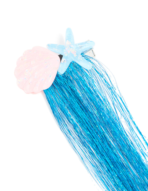 Kids Blue Tinsel Starfish & Seashell Hair Clips 2-Pack